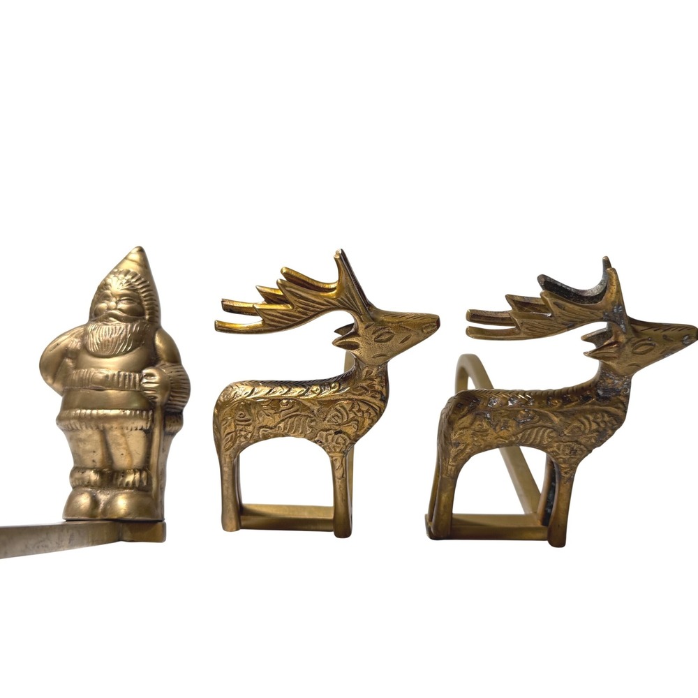 3 Vintage Solid Brass Christmas Stocking Holders Santa & Reindeer Set Holiday